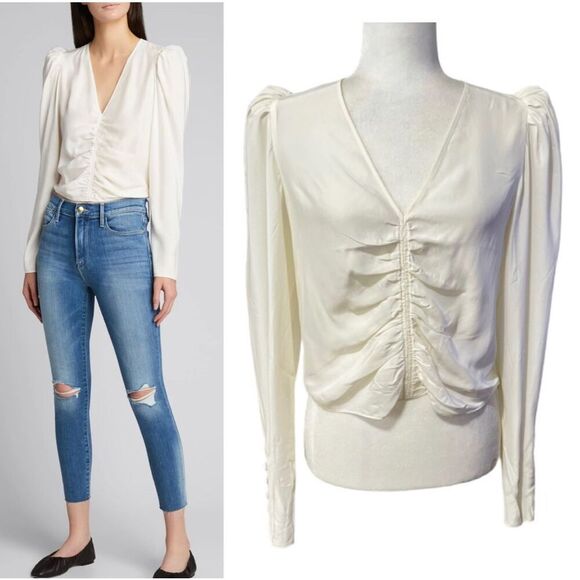 Frame NEW !! Long-Sleeve Ruched Silk Blouse Off-White V-Neck Size Medium - Picture 1 of 14